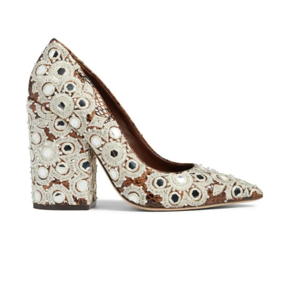 Tory Burch White and Brown Embellished Heels
